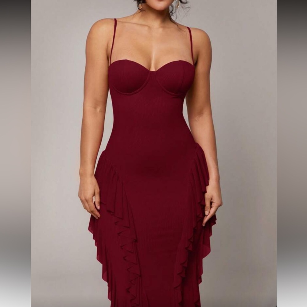Burgund Ruffle Mermaid Maxi Dress Backless Spaghetti Strap Romantic Evening Gown - Picture 4 of 6